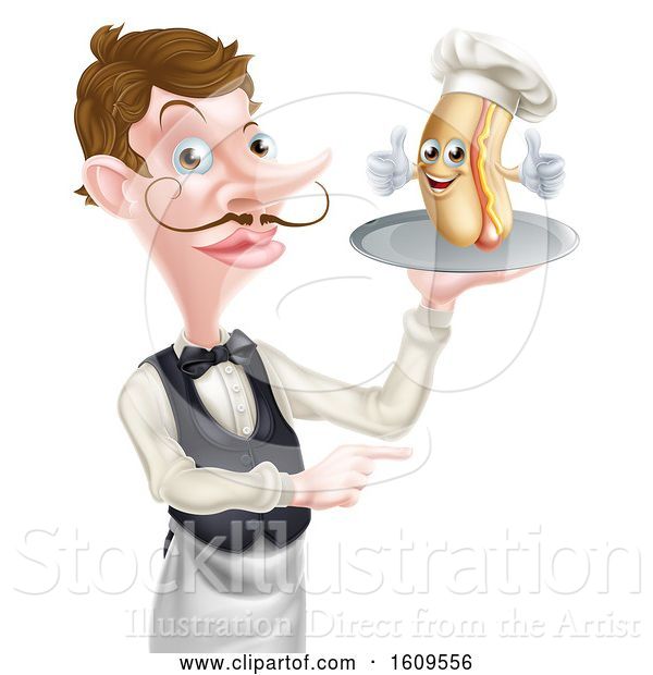 Vector Illustration of Cartoon White Male Waiter Holding a Hot Dog Chef on a Platter and Pointing