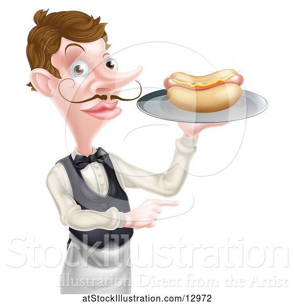 Vector Illustration of Cartoon White Male Waiter Holding a Hot Dog on a Platter and Pointing