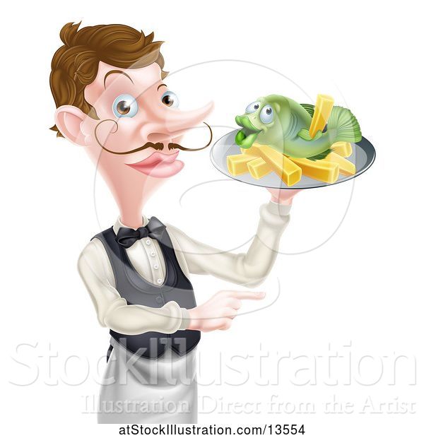 Vector Illustration of Cartoon White Male Waiter Pointing and Holding Fish and a Chips on a Tray