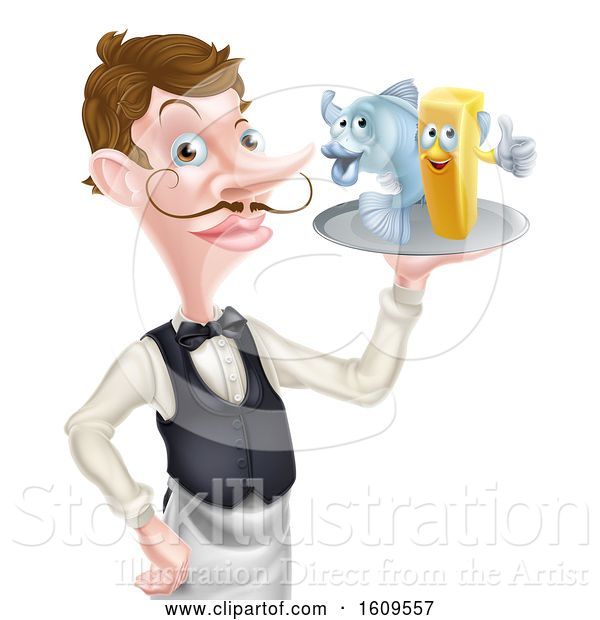Vector Illustration of Cartoon White Male Waiter Pointing and Holding Fish and a Chips on a Tray