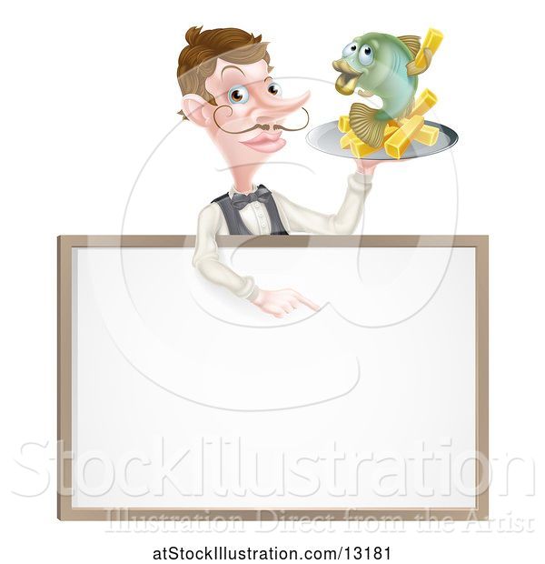Vector Illustration of Cartoon White Male Waiter with a Curling Mustache, Holding Fish and a Chips on a Tray and Pointing down over a Menu