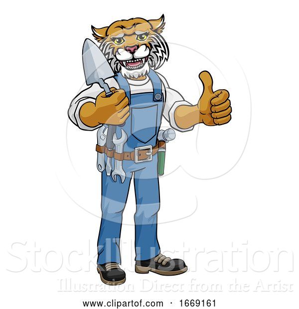 Vector Illustration of Cartoon Wildcat Bricklayer Builder Holding Trowel Tool