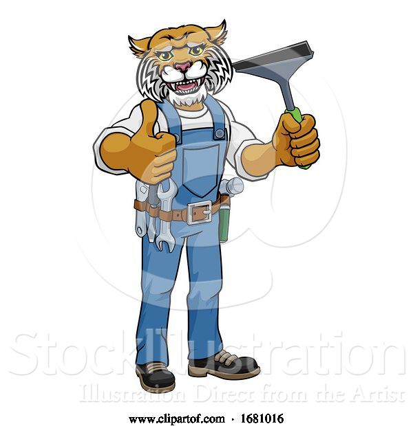 Vector Illustration of Cartoon Wildcat Car or Window Cleaner Holding Squeegee