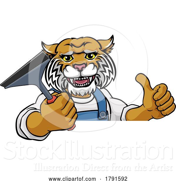 Vector Illustration of Cartoon Wildcat Car or Window Cleaner Holding Squeegee