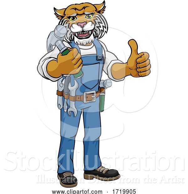 Vector Illustration of Cartoon Wildcat Mascot Carpenter Handyman Holding Hammer