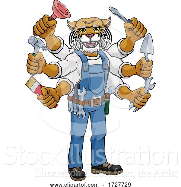 Vector Illustration of Cartoon Wildcat Multitasking Handyman Holding Tools