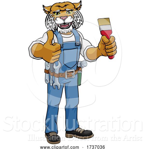 Vector Illustration of Cartoon Wildcat Painter Decorator Holding Paintbrush