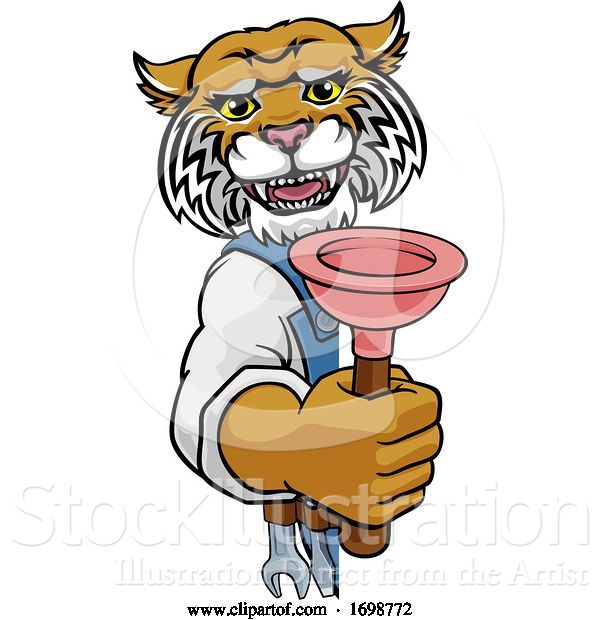 Vector Illustration of Cartoon Wildcat Plumber Mascot Holding Plunger