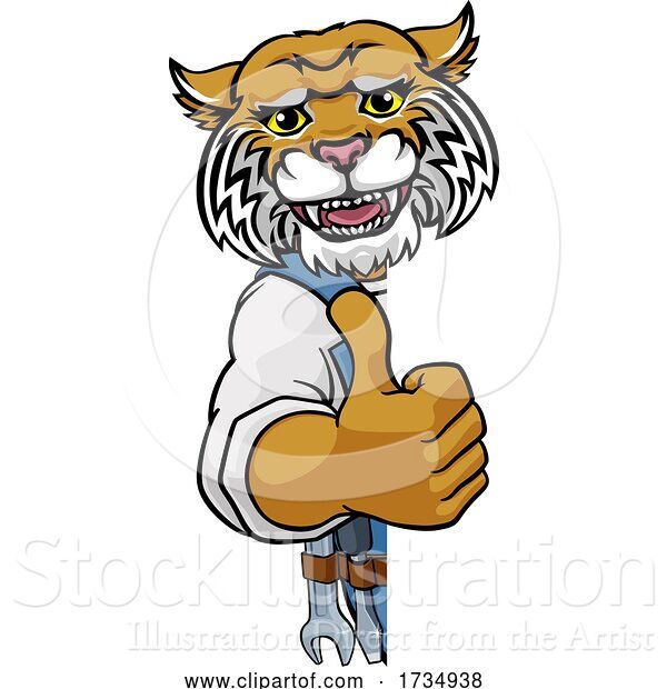 Vector Illustration of Cartoon Wildcat Plumber Mechanic Handyman Peeking Sign