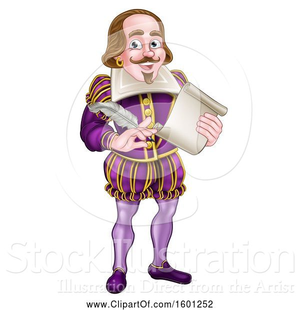 Vector Illustration of Cartoon William Shakespeare Holding a Scroll and Feather Quill