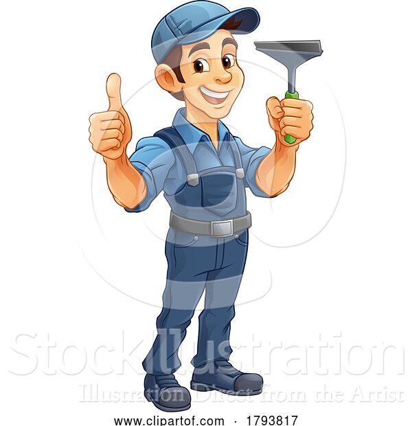 Vector Illustration of Cartoon Window Cleaner Car Wash Cleaning Guy