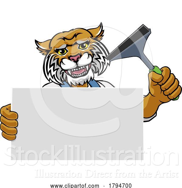 Vector Illustration of Cartoon Window Cleaner Wildcat Car Wash Cleaning Mascot