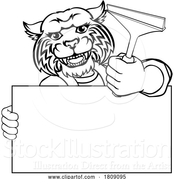 Vector Illustration of Cartoon Window Cleaner Wildcat Car Wash Cleaning Mascot