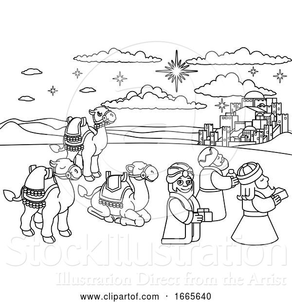 Vector Illustration of Cartoon Wise Men Christmas Nativity Scene Cartoon