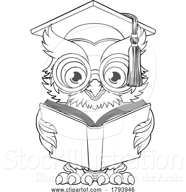 Vector Illustration of Cartoon Wise Owl Old Teacher Reading Book