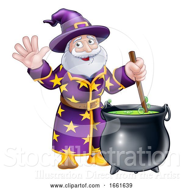 Vector Illustration of Cartoon Wizard Character and Cauldron