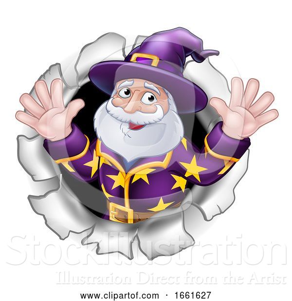 Vector Illustration of Cartoon Wizard Mascot Breaking Through Background Cartoon