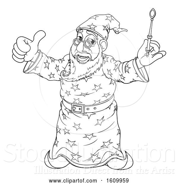 Vector Illustration of Cartoon Wizard Outline Coloring Drawing