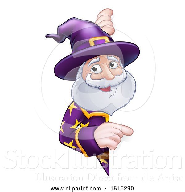 Vector Illustration of Cartoon Wizard Peeking Round Sign Pointing