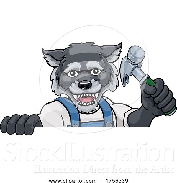 Vector Illustration of Cartoon Wolf Carpenter Handyman Builder Holding Hammer