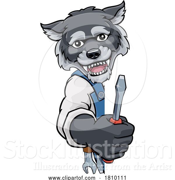 Vector Illustration of Cartoon Wolf Electrician Handyman Holding Screwdriver