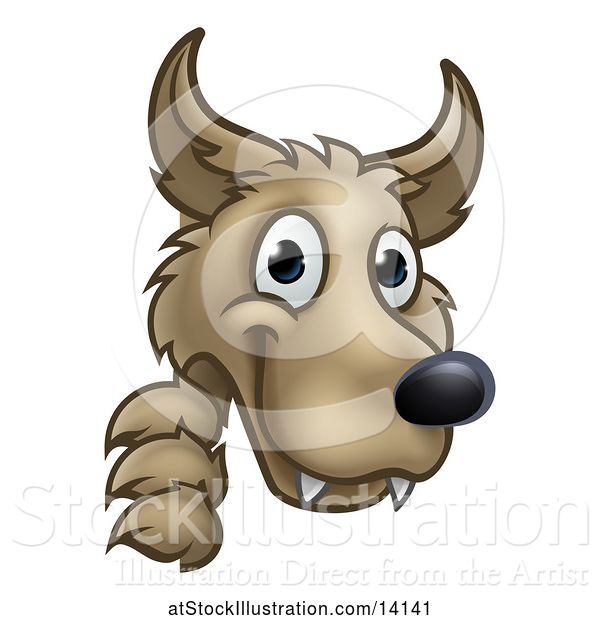 Vector Illustration of Cartoon Wolf Face Mascot Looking Around a Corner, from the Three Little Pigs Story