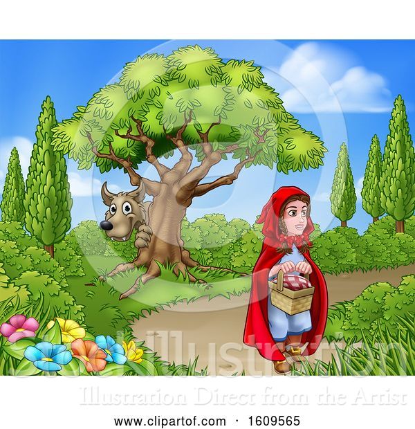 Vector Illustration of Cartoon Wolf Hiding Behind a Tree and Stalking Little Red Riding Hood