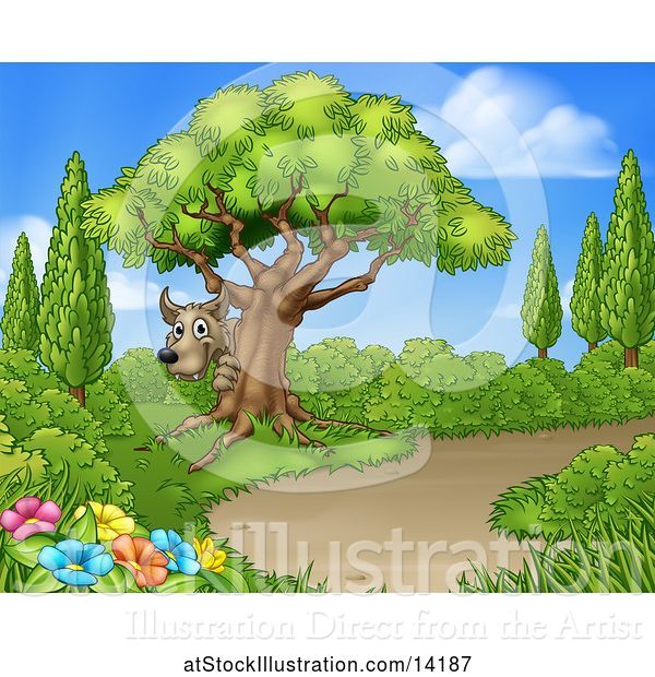 Vector Illustration of Cartoon Wolf Hiding Behind a Tree near a Path