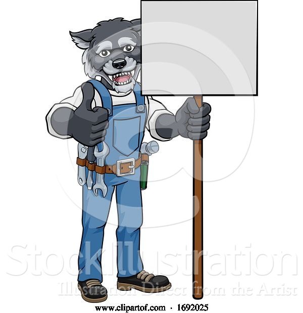 Vector Illustration of Cartoon Wolf Mascot Handyman Holding Sign