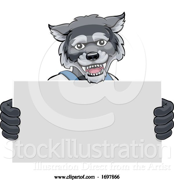 Vector Illustration of Cartoon Wolf Mascot Handyman Holding Sign