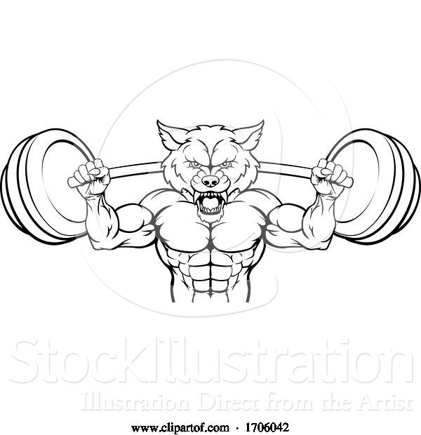 Vector Illustration of Cartoon Wolf Mascot Weight Lifting Barbell Body Builder