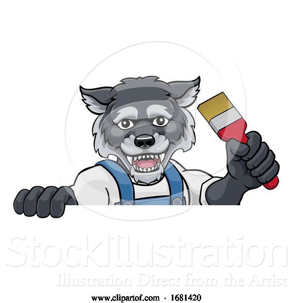 Vector Illustration of Cartoon Wolf Painter Decorator Holding Paintbrush