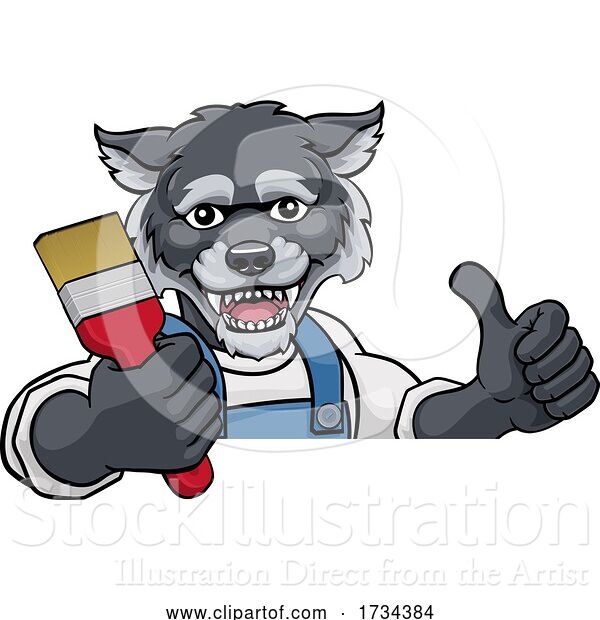 Vector Illustration of Cartoon Wolf Painter Decorator Holding Paintbrush