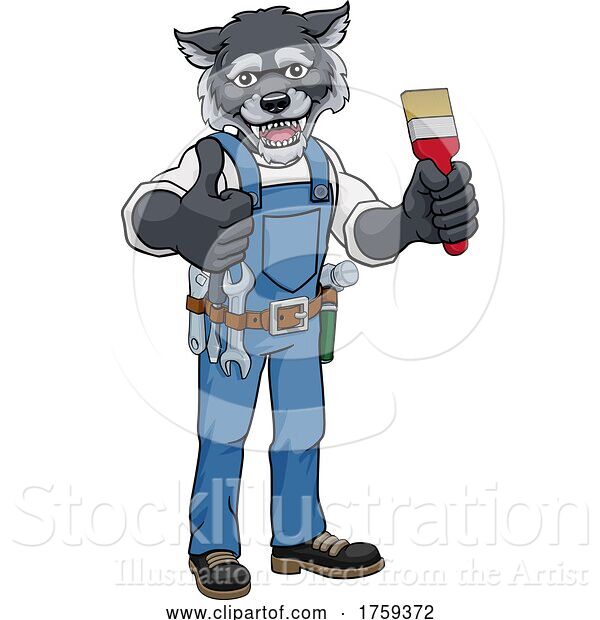 Vector Illustration of Cartoon Wolf Painter Decorator Holding Paintbrush