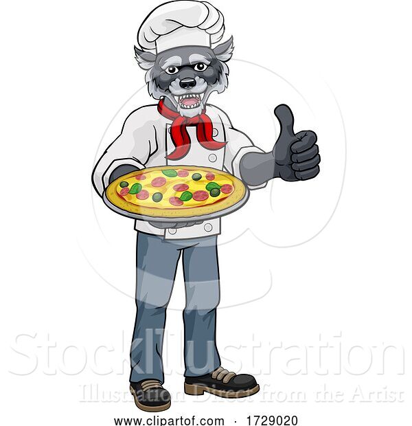 Vector Illustration of Cartoon Wolf Pizza Chef Restaurant Mascot
