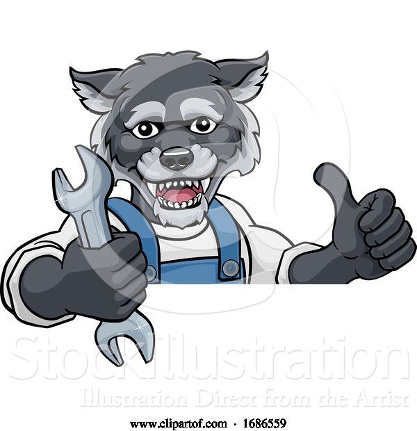 Vector Illustration of Cartoon Wolf Plumber or Mechanic Holding Spanner