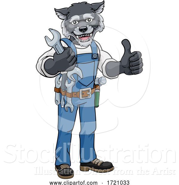 Vector Illustration of Cartoon Wolf Plumber or Mechanic Holding Spanner