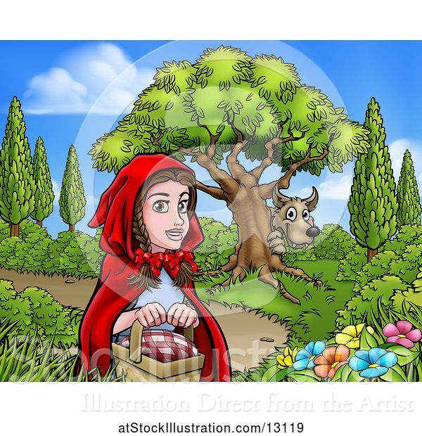 Vector Illustration of Cartoon Wolf Stalking Little Red Riding Hood
