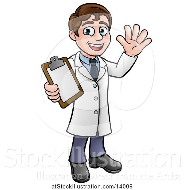 Vector Illustration of Cartoon Young Male Scientist Holding a Clipboard and Waving