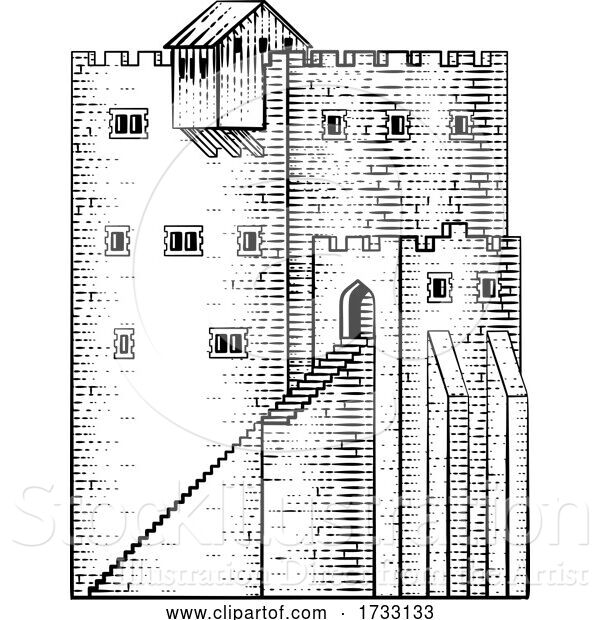 Vector Illustration of Castle Old Medieval Building Vintage Woodcut Style