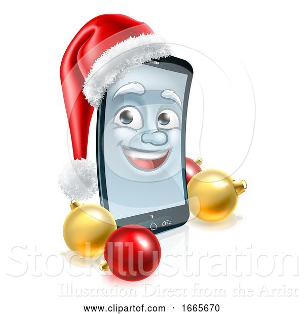 Vector Illustration of Cell Mobile Phone Christmas Mascot in Santa Hat