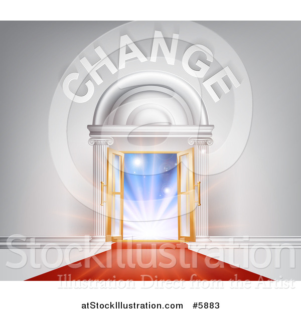 Vector Illustration of Change over Open Doors with Sunshine and a Red Carpet