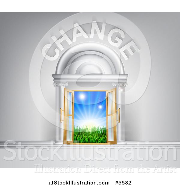 Vector Illustration of Change over Open Doors with Sunshine and Grass
