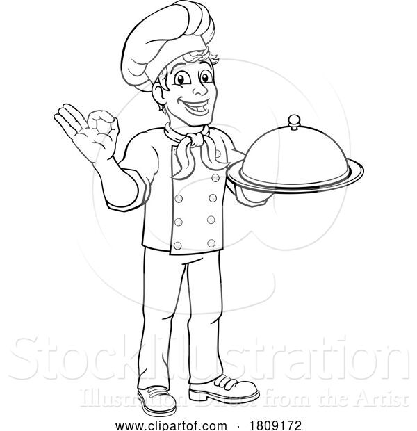 Vector Illustration of Chef Cook Baker Guy Holding Domed Tray