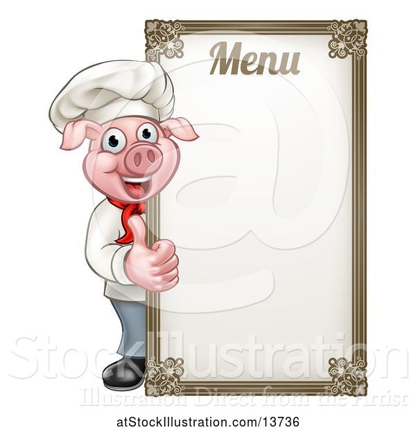 Vector Illustration of Chef Pig Giving a Thumb up Around a Menu Board