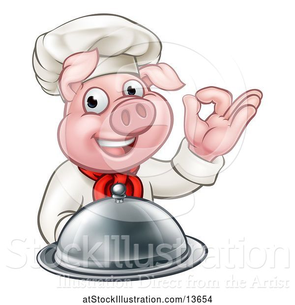 Vector Illustration of Chef Pig Holding a Cloche and Gesturing Okay