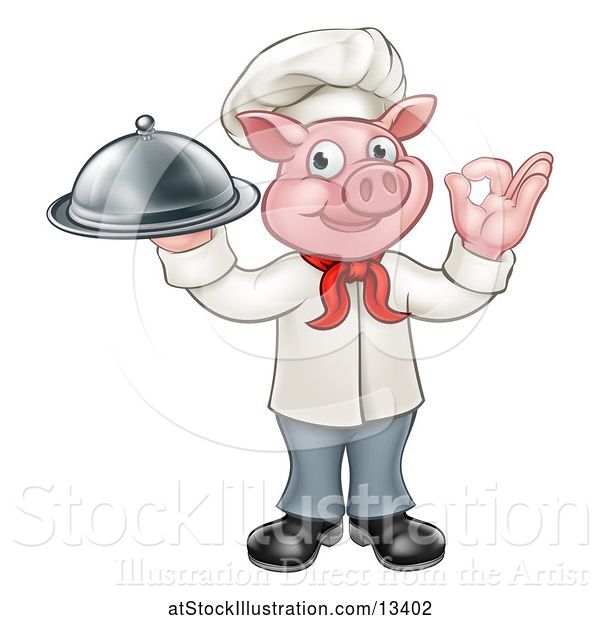 Vector Illustration of Chef Pig Holding a Cloche and Gesturing Perfect
