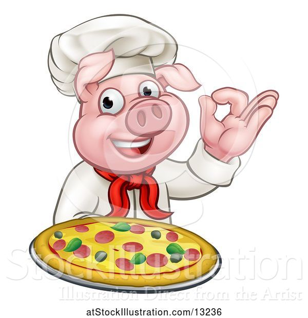 Vector Illustration of Chef Pig Holding a Pizza and Gesturing Perfect