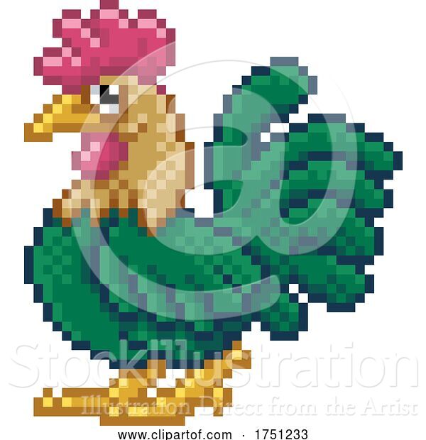 Vector Illustration of Chicken Cockerel Pixel Art Video Game