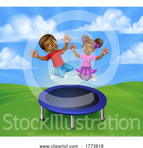 Vector Illustration of Children Jumping on a Round Trampoline